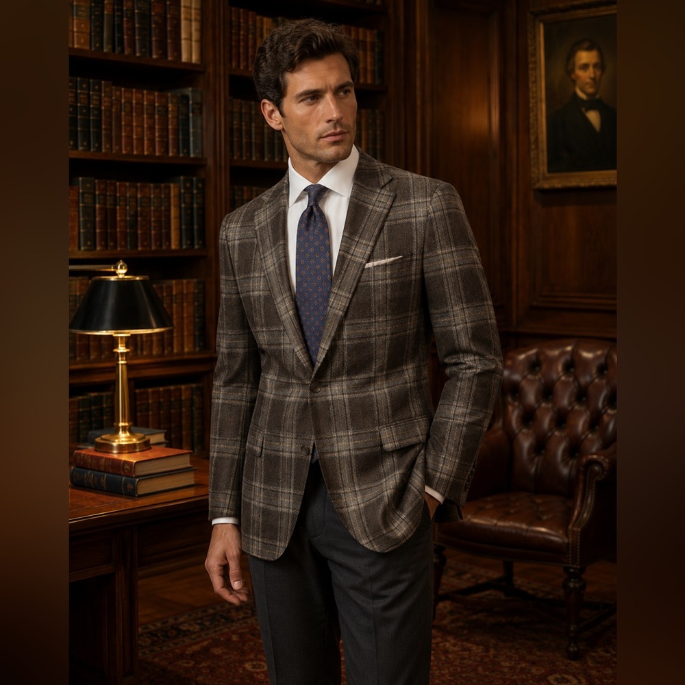 ISAIA Espresso 100% Aquacashmere Windowpane Sport Coat + Isaia 7-Fold Silk Tie - Picture 2 of 6